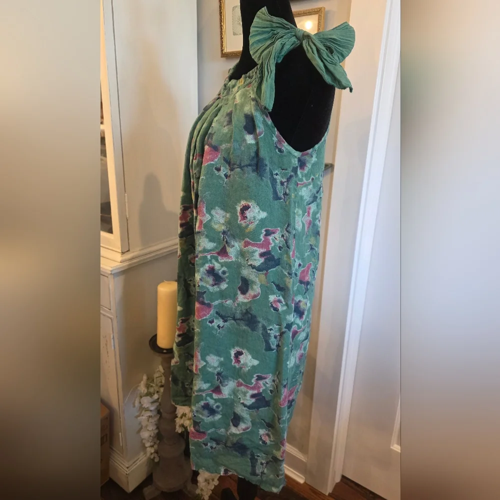 BELLAMBRA‎ Art To Wear Abstract Floral 100% Linen Halter-style Dress Size Small